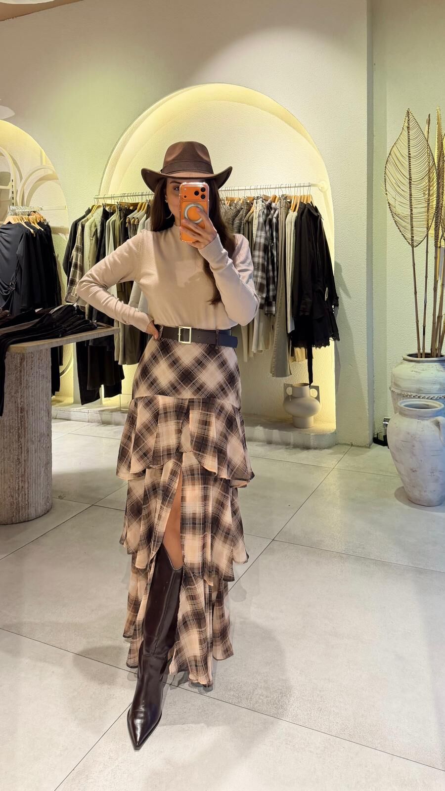 Kemerli Katlı Şifon Etek