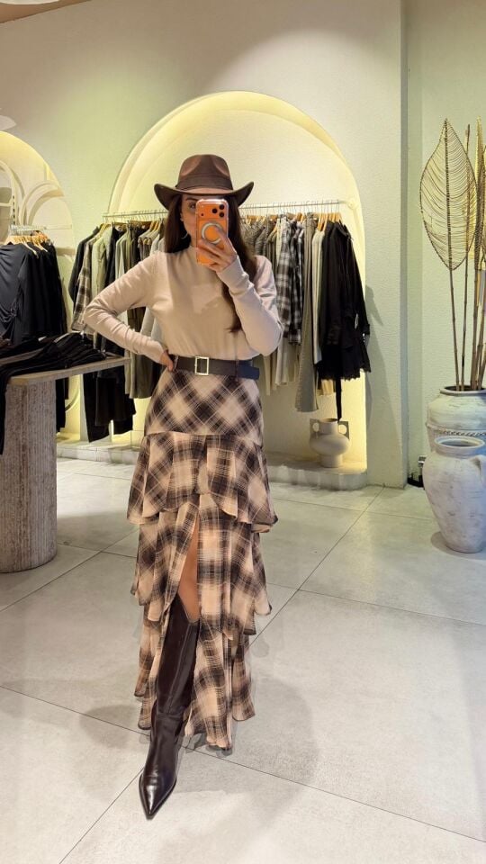 Kemerli Katlı Şifon Etek