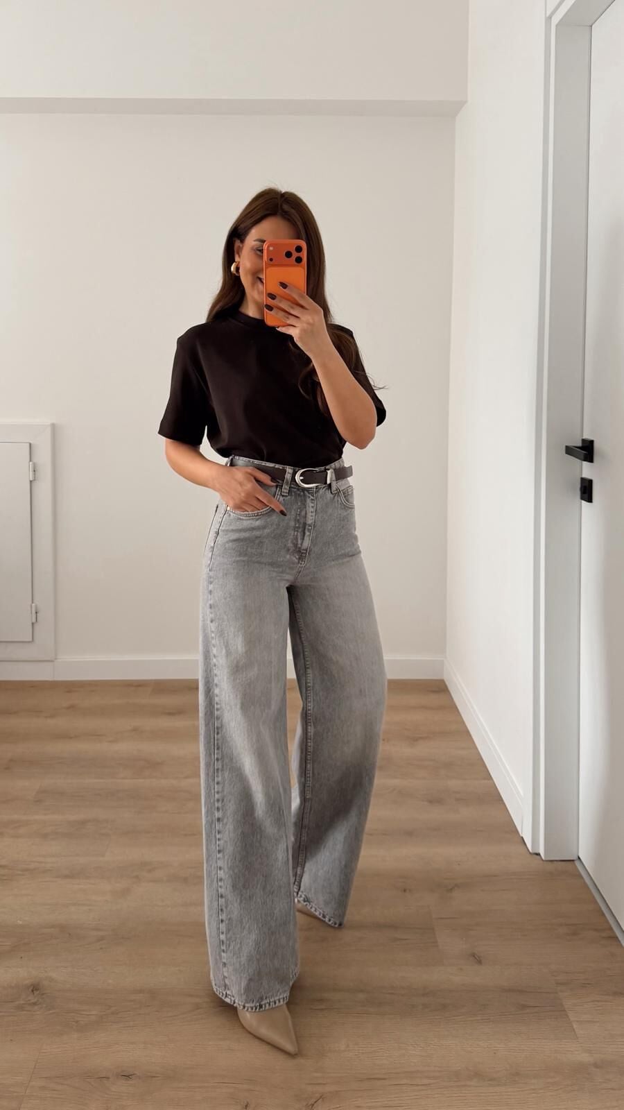 Krl Kemerli Gri Wide Leg Jean