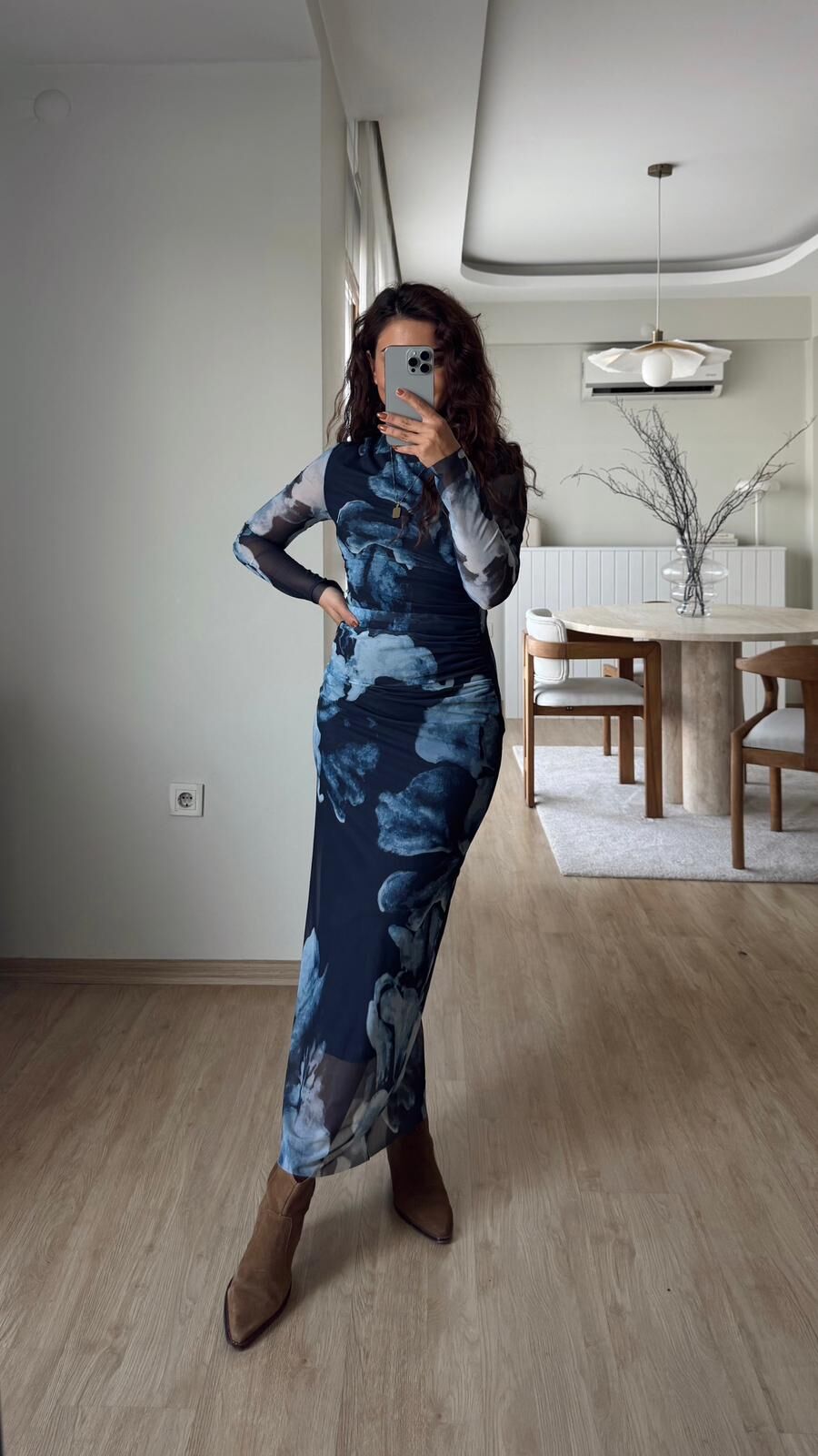 Mavi Desenli Mesh Elbise