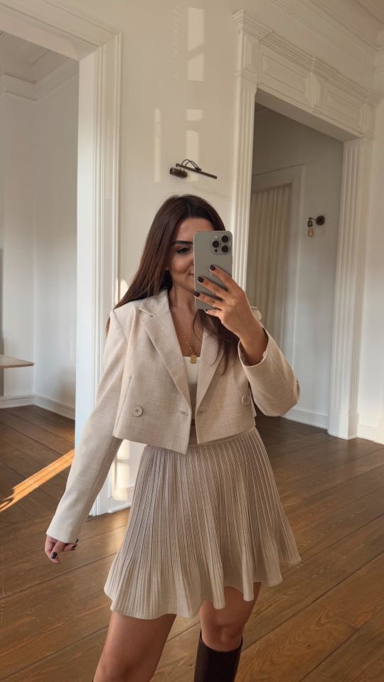 Çift Düğme Crop Blazer Natural