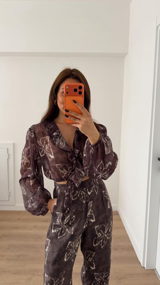 Fırfırlı Crop Bluz Kahve