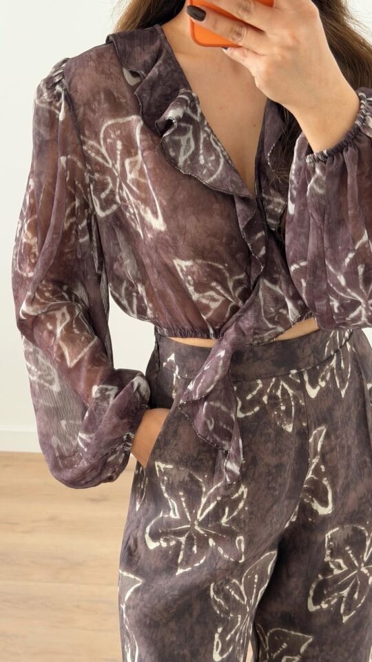 Fırfırlı Crop Bluz Kahve