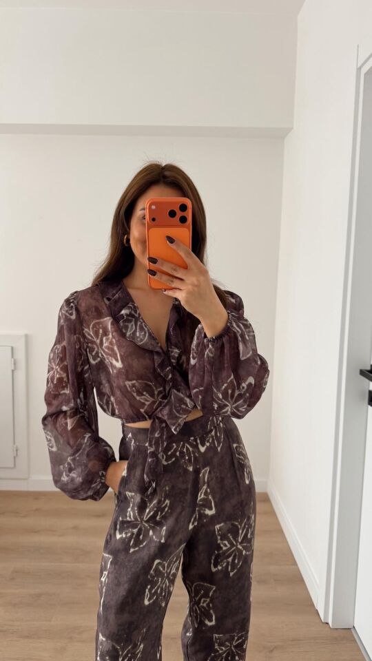 Fırfırlı Crop Bluz Kahve