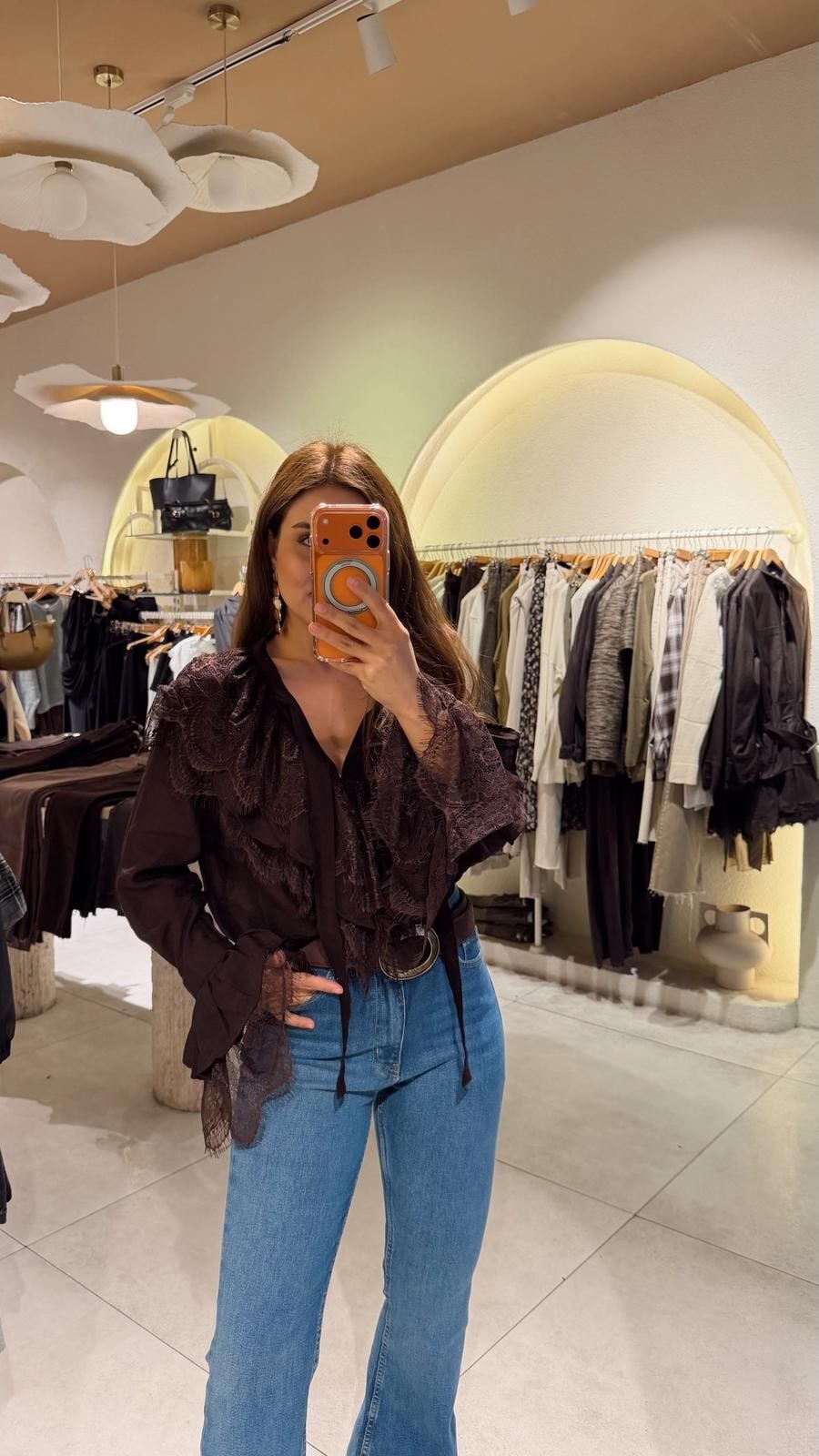 Dantelli Fırfır Gömlek Kahve