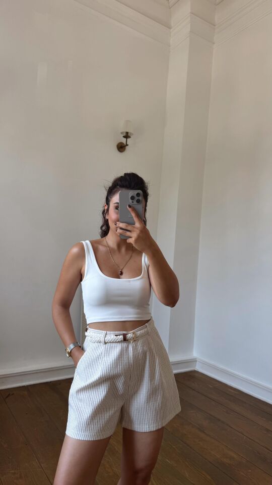 Ekru Askılı Jarse Crop