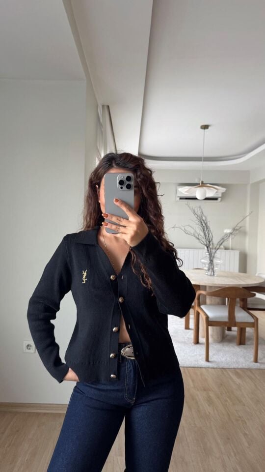 Gold Nakış Triko Hırka Siyah