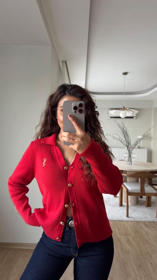 Gold Nakış Triko Hırka Kırmızı