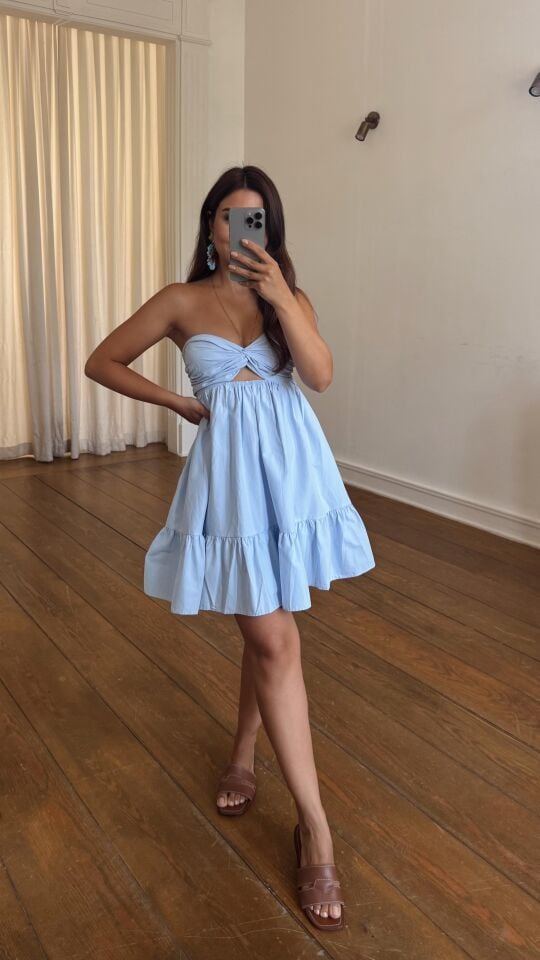 Büzgülü Straplez Elbise Mavi