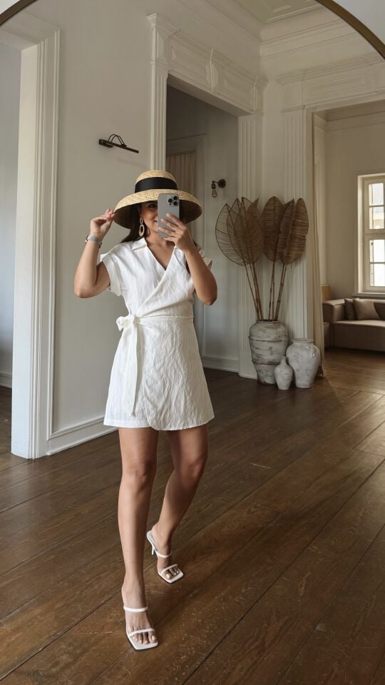 Çizgili Tencel Şort Tulum Ekru