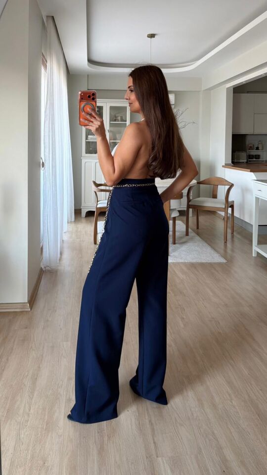 Pileli Palazzo Pantolon Lacivert