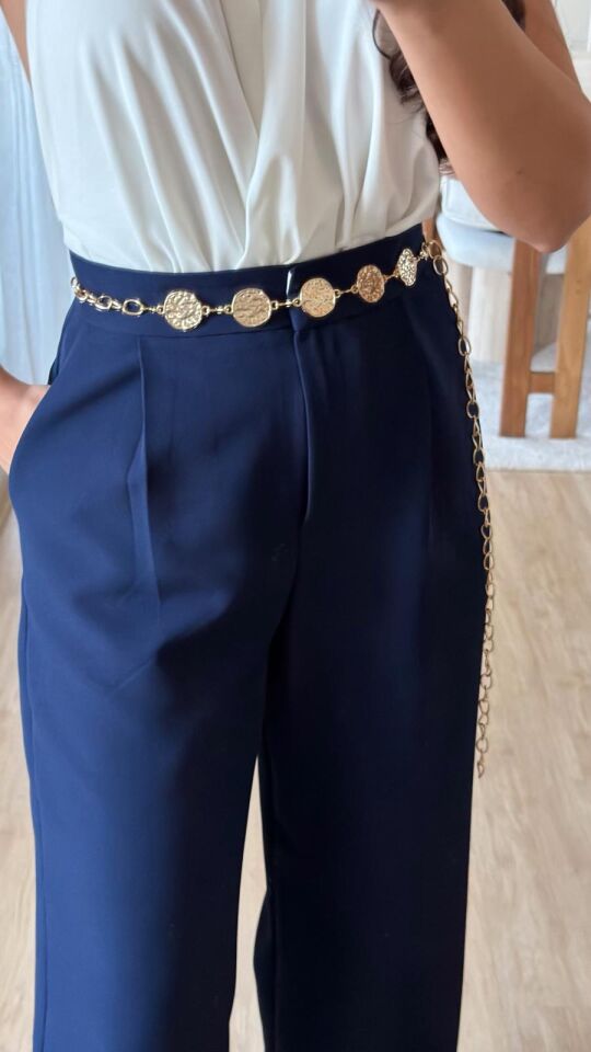 Pileli Palazzo Pantolon Lacivert