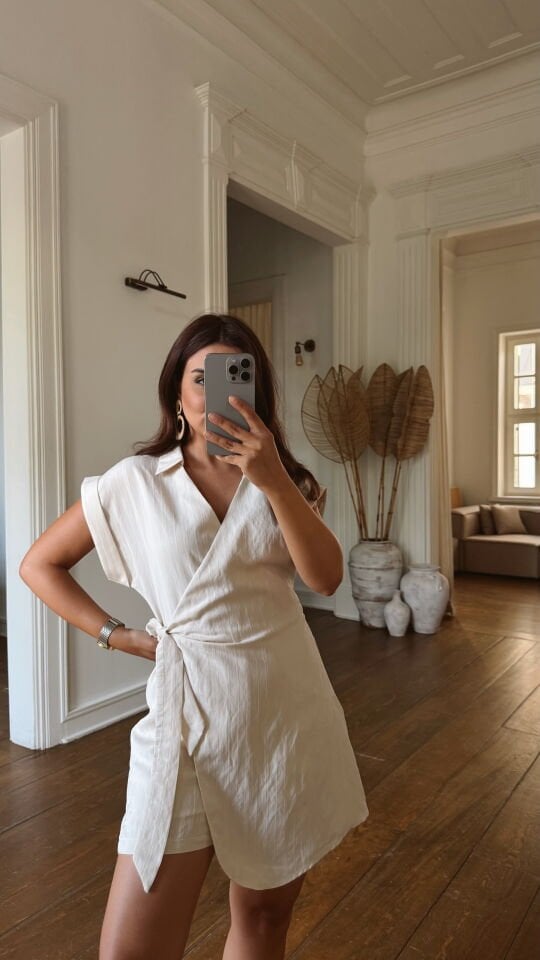 Çizgili Tencel Şort Tulum Taş