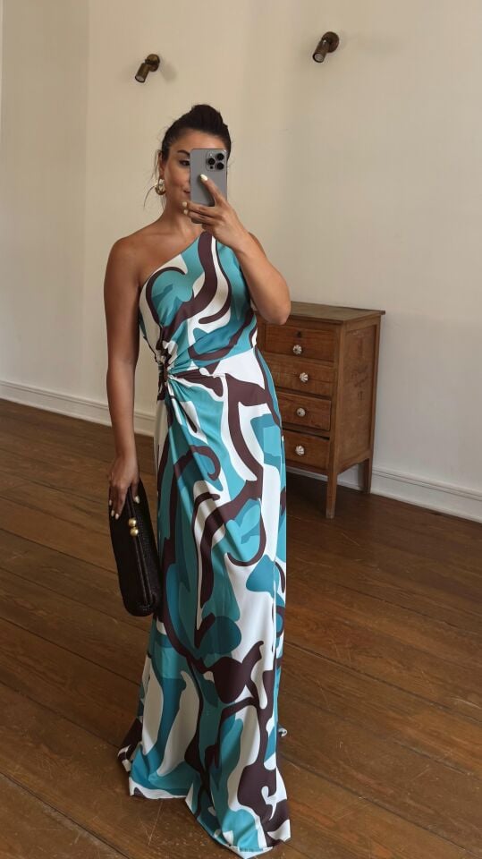 Tek Omuz Desenli Saten Elbise