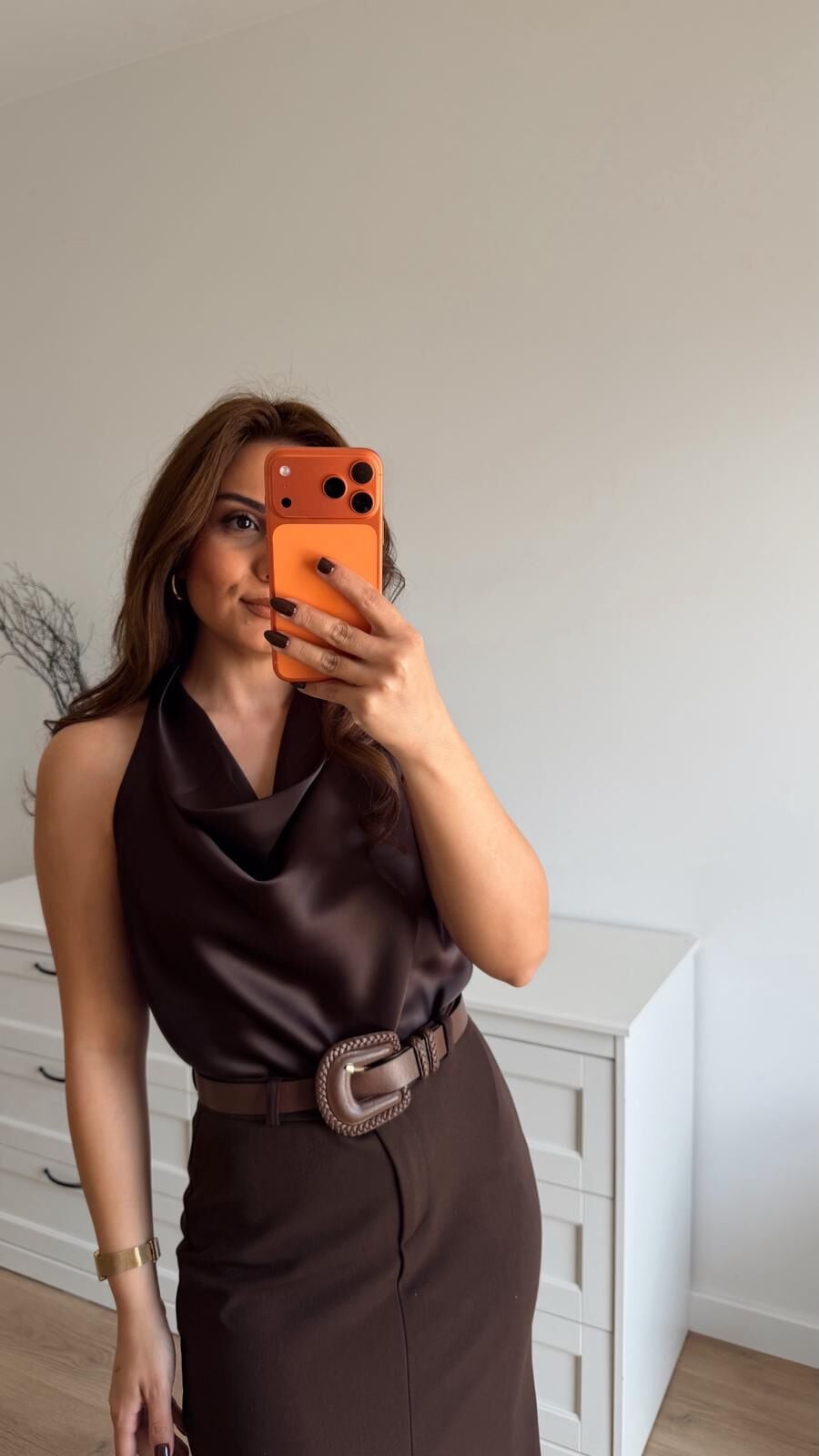 Yaka Dökümlü Bluz Kahve