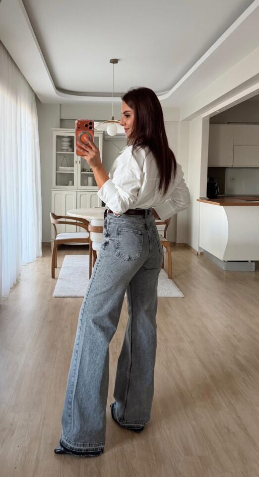 Sökük Paça Wide Leg Gri