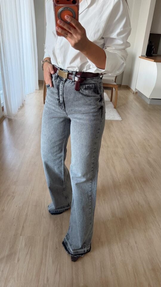 Sökük Paça Wide Leg Gri