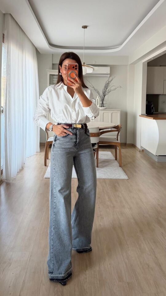 Sökük Paça Wide Leg Gri