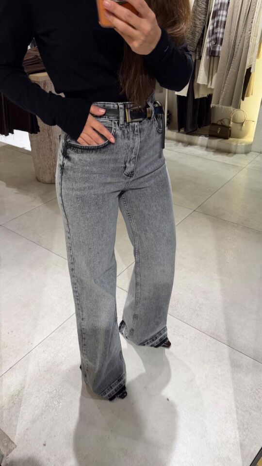 Sökük Paça Wide Leg Gri