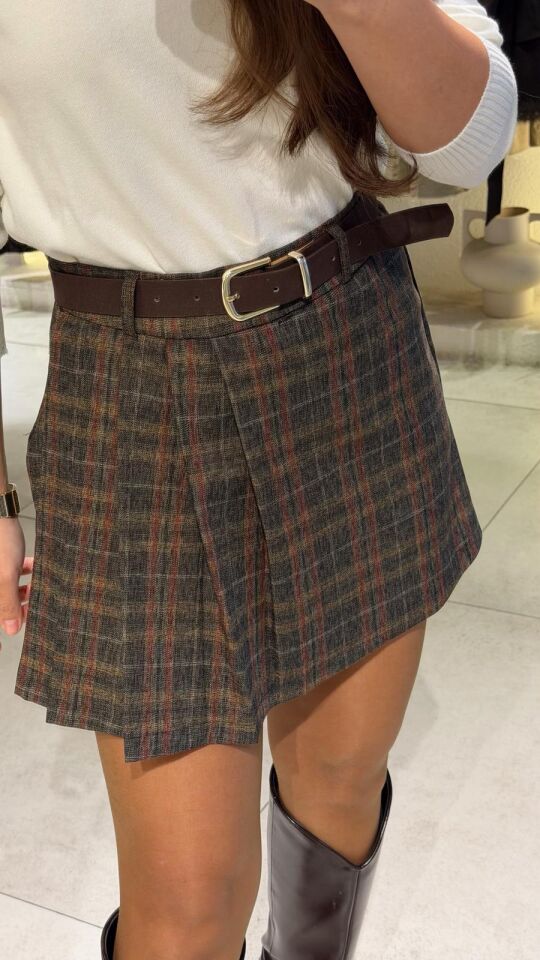 Pileli Sarı Ekose Mini Etek