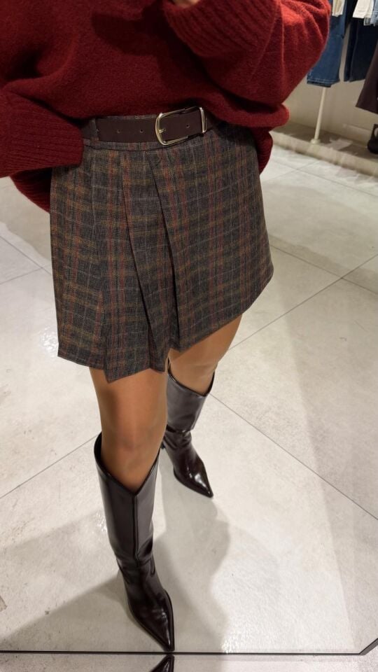 Pileli Sarı Ekose Mini Etek