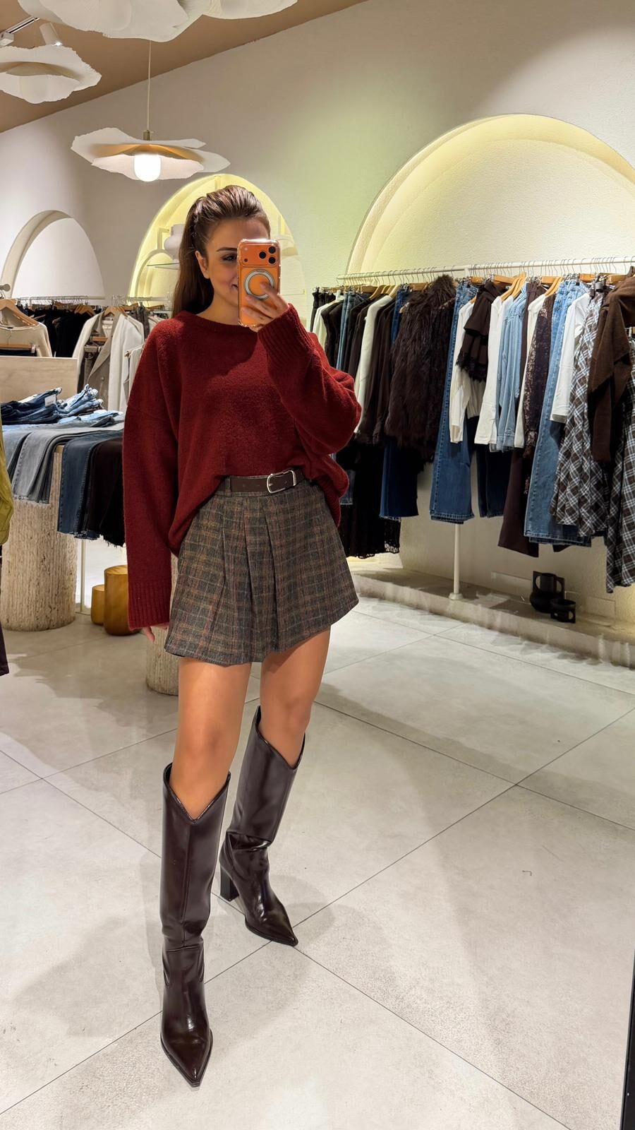 Pileli Sarı Ekose Mini Etek