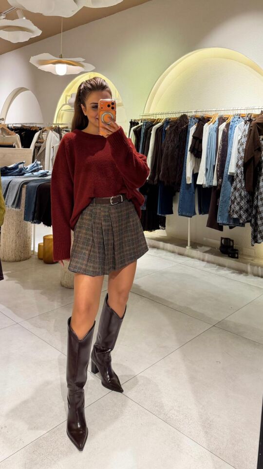 Pileli Sarı Ekose Mini Etek