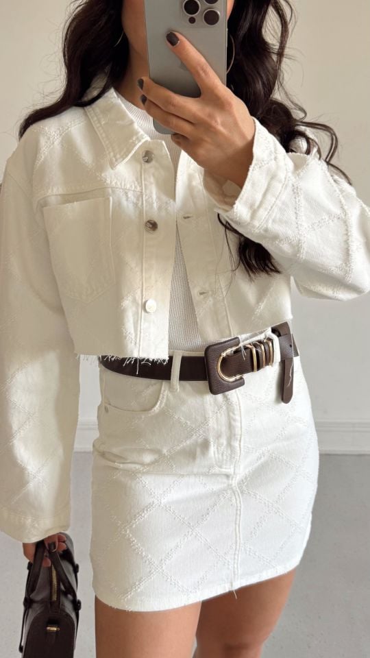 Desenli Crop Denim Ceket