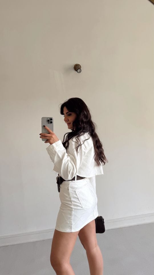 Desenli Crop Denim Ceket