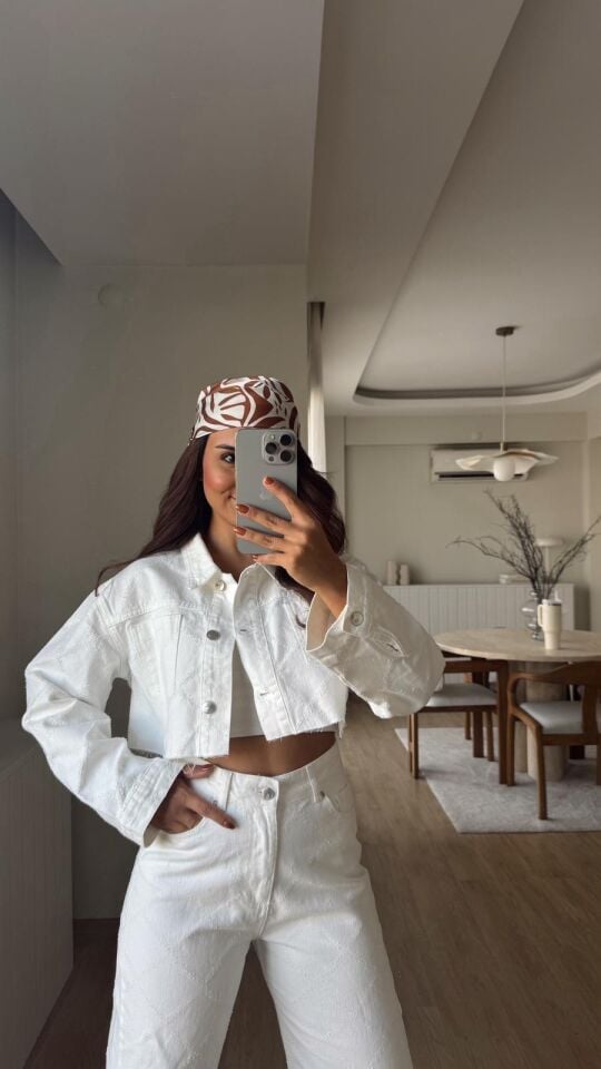 Desenli Crop Denim Ceket