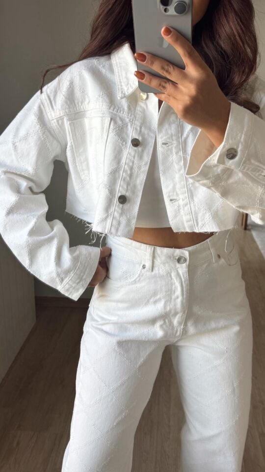 Desenli Crop Denim Ceket