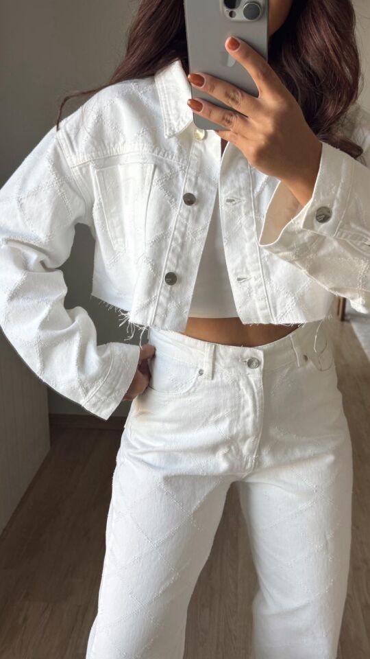 Desenli Crop Denim Ceket