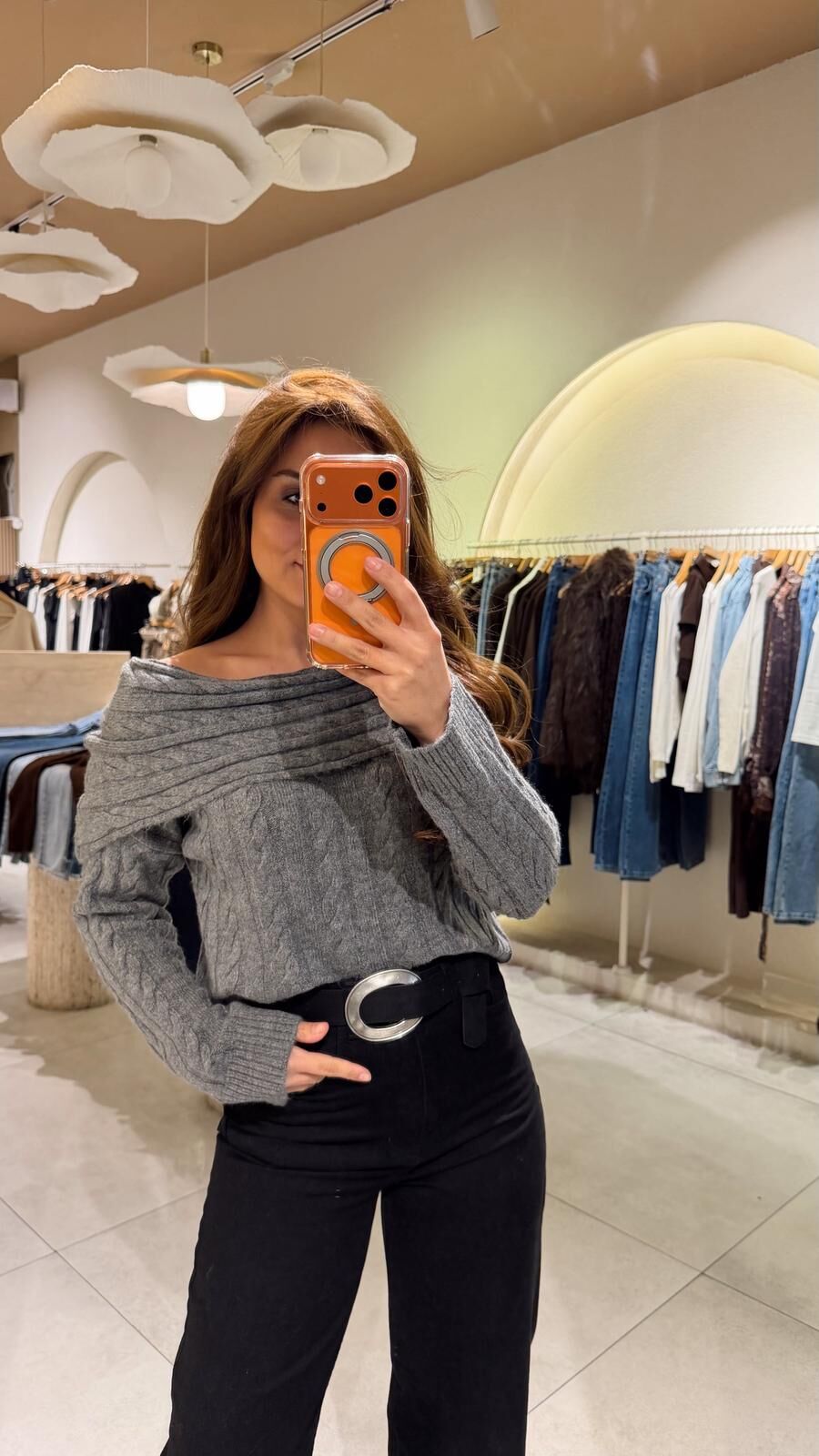 Saç Örgü Kayık Yaka Gri Kazak