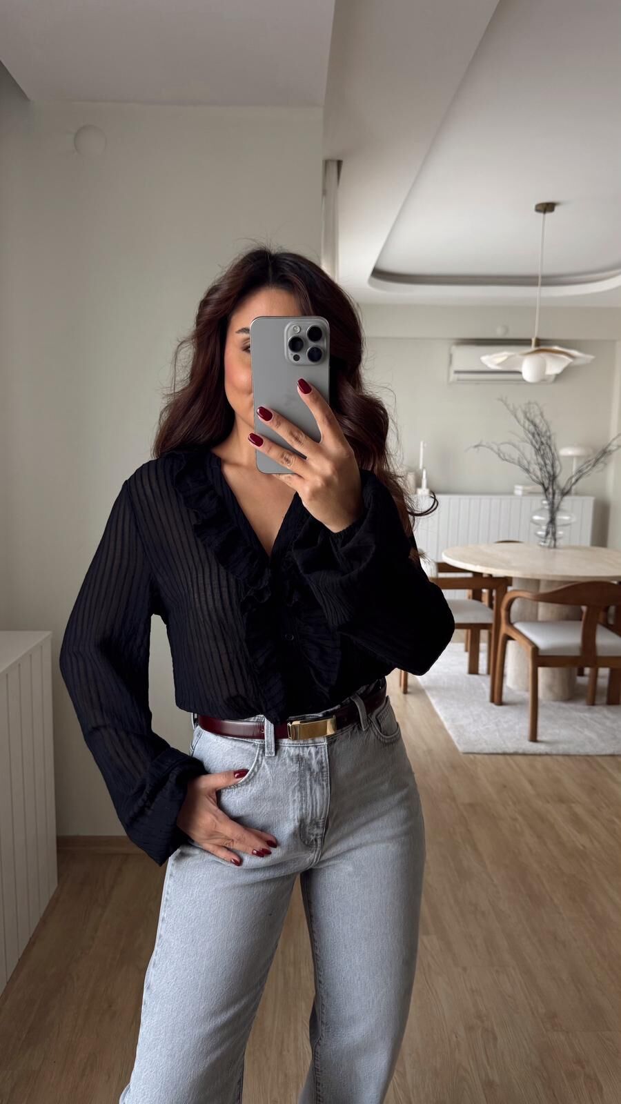 Fırfırlı Çizgili Transparan Gömlek Siyah