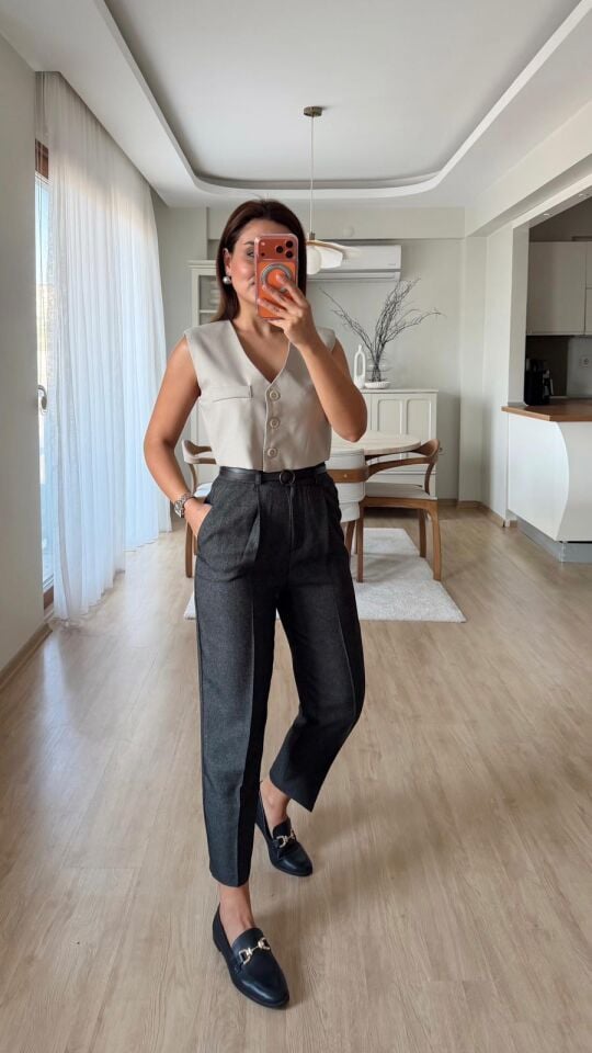 Kırçıllı Kemerli Pantolon Antrasit