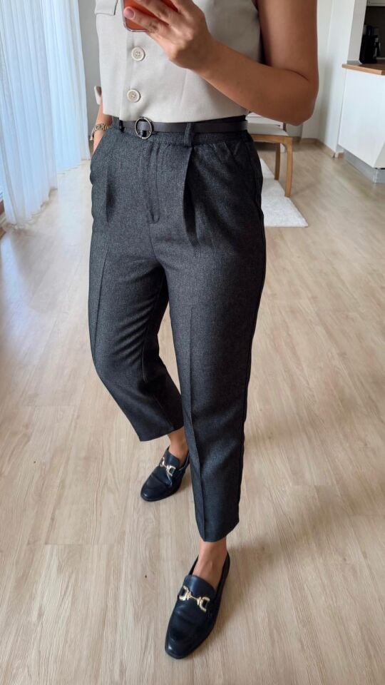 Kırçıllı Kemerli Pantolon Antrasit