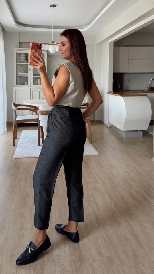 Kırçıllı Kemerli Pantolon Antrasit