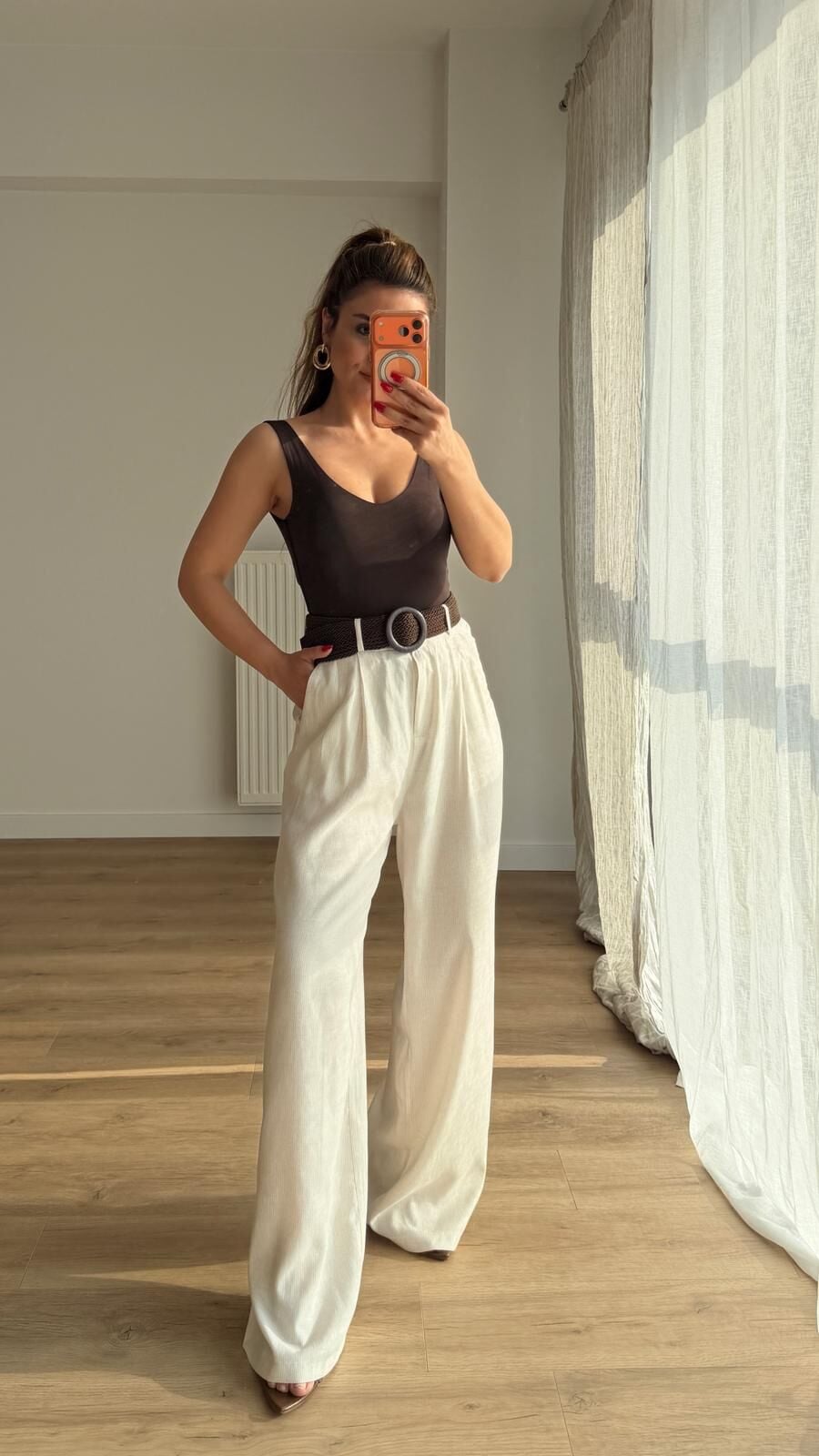 Kemerli Çizgili Keten Pantolon
