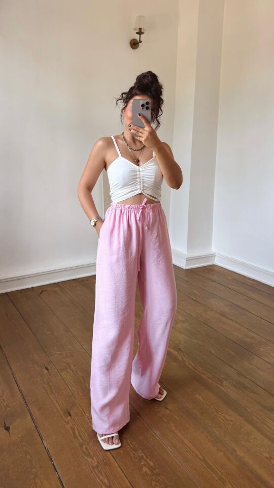 Tencel Lastikli Pantolon Pembe