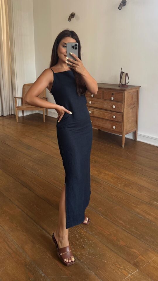 Keten Lacivert Yırtmaçlı Elbise