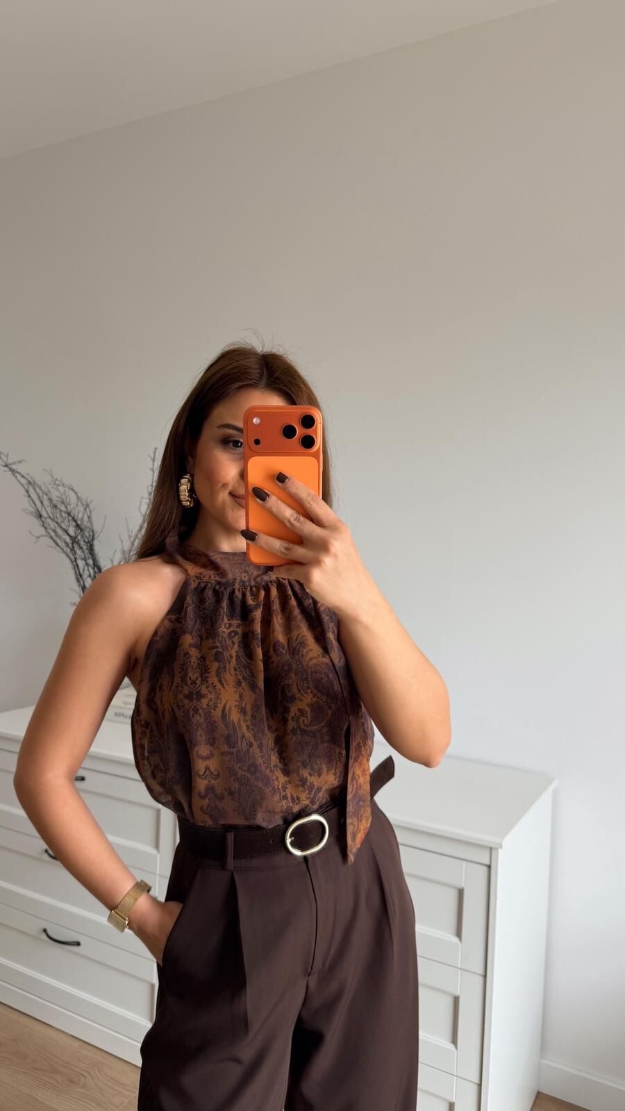 Vintage Kahve Desenli Bluz