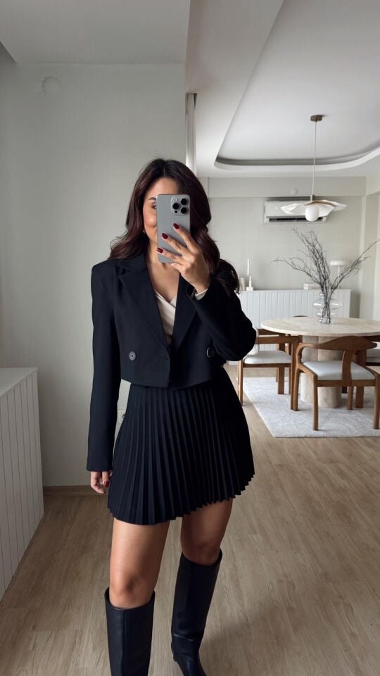 Kemerli Piliseli Etek Siyah