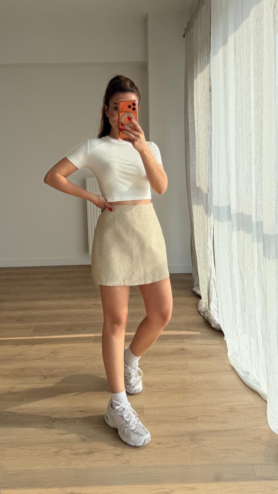 Dokulu Şortlu Mini Etek Natural