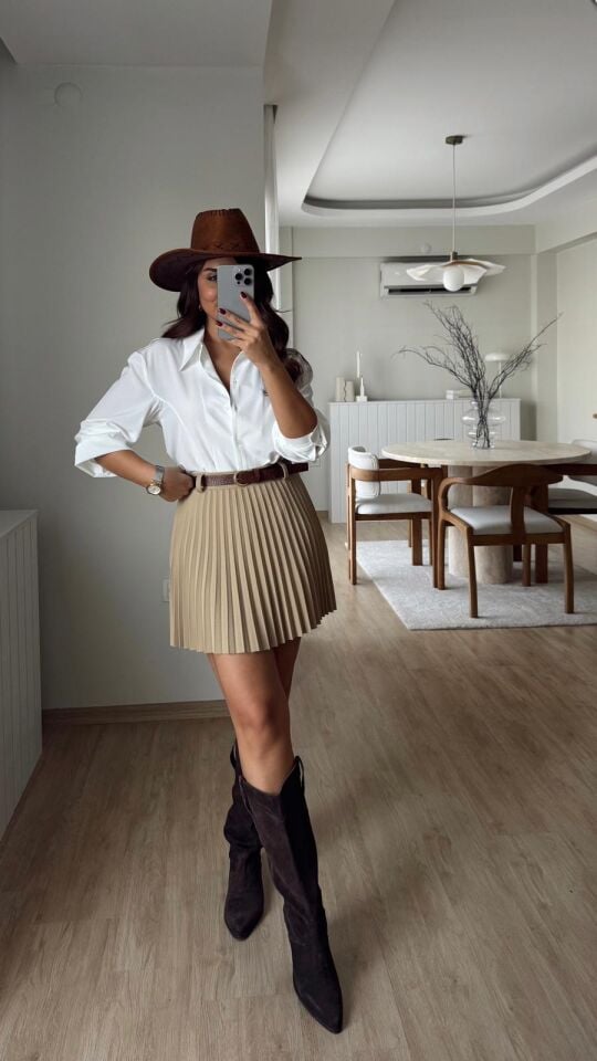 Kemerli Piliseli Etek Bej