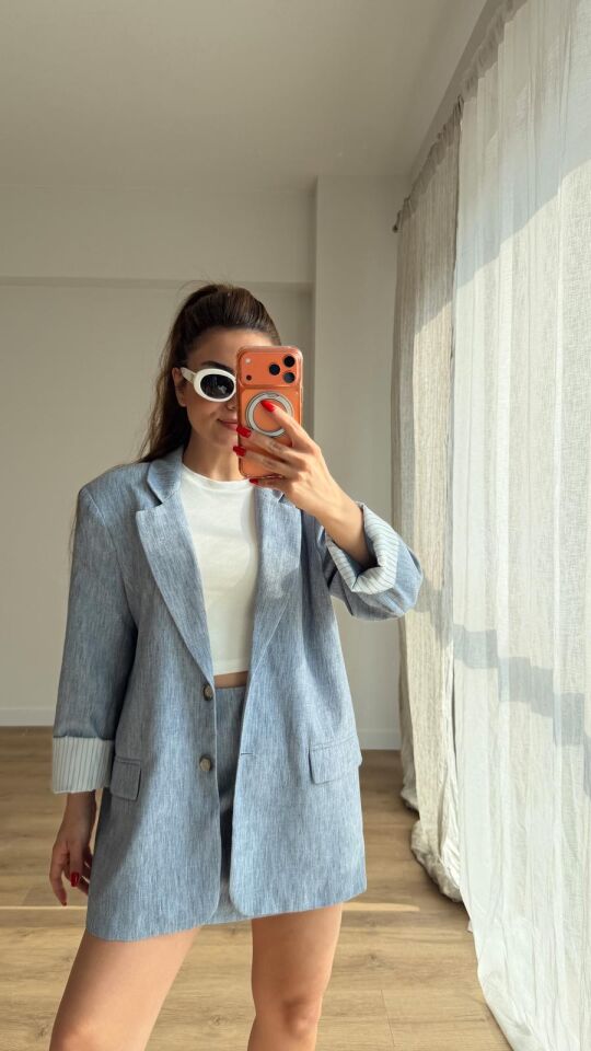 Dokulu Garnili Blazer Mavi