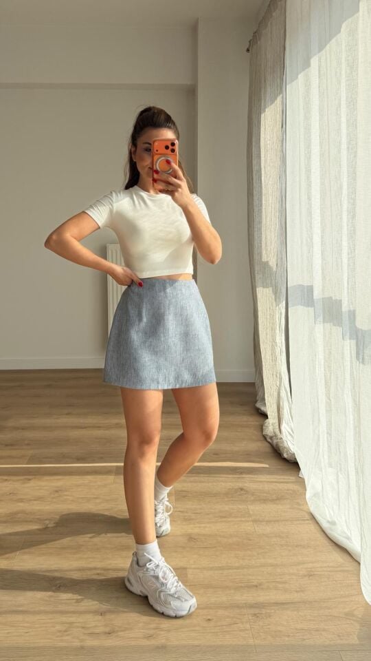 Dokulu Şortlu Mini Etek Mavi