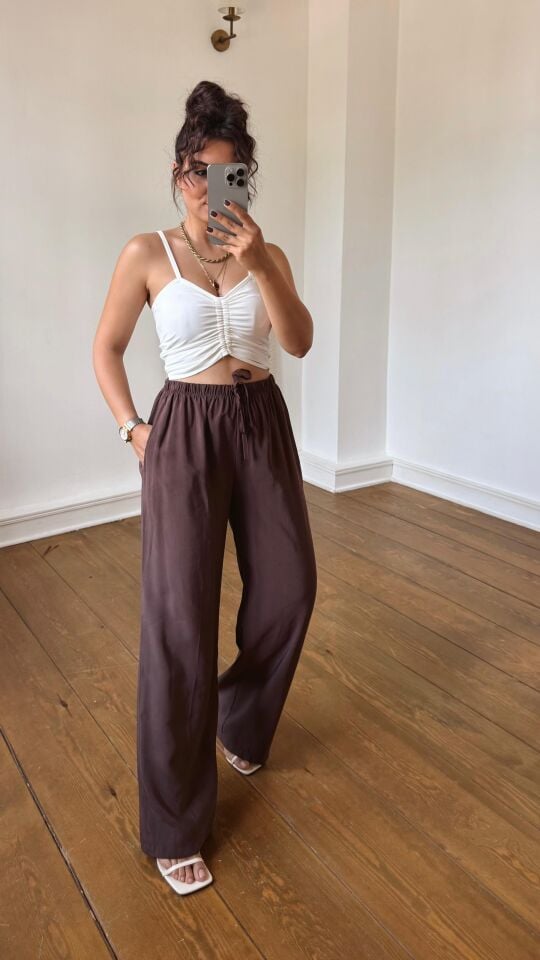 Tencel Lastikli Pantolon Kahve