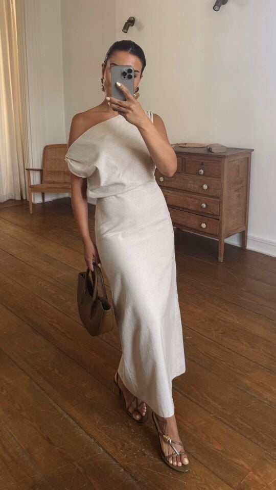 Düşük Kol Keten Elbise Bej