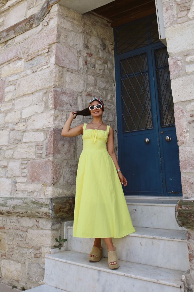 Bağcıklı Midi Elbise Sarı