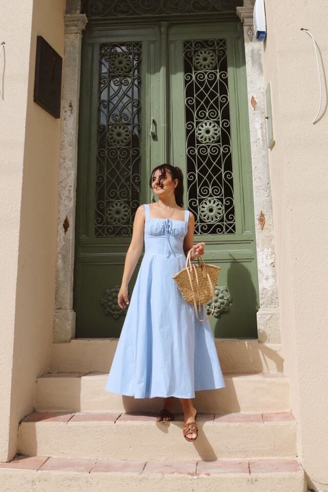 Bağcıklı Midi Elbise Mavi